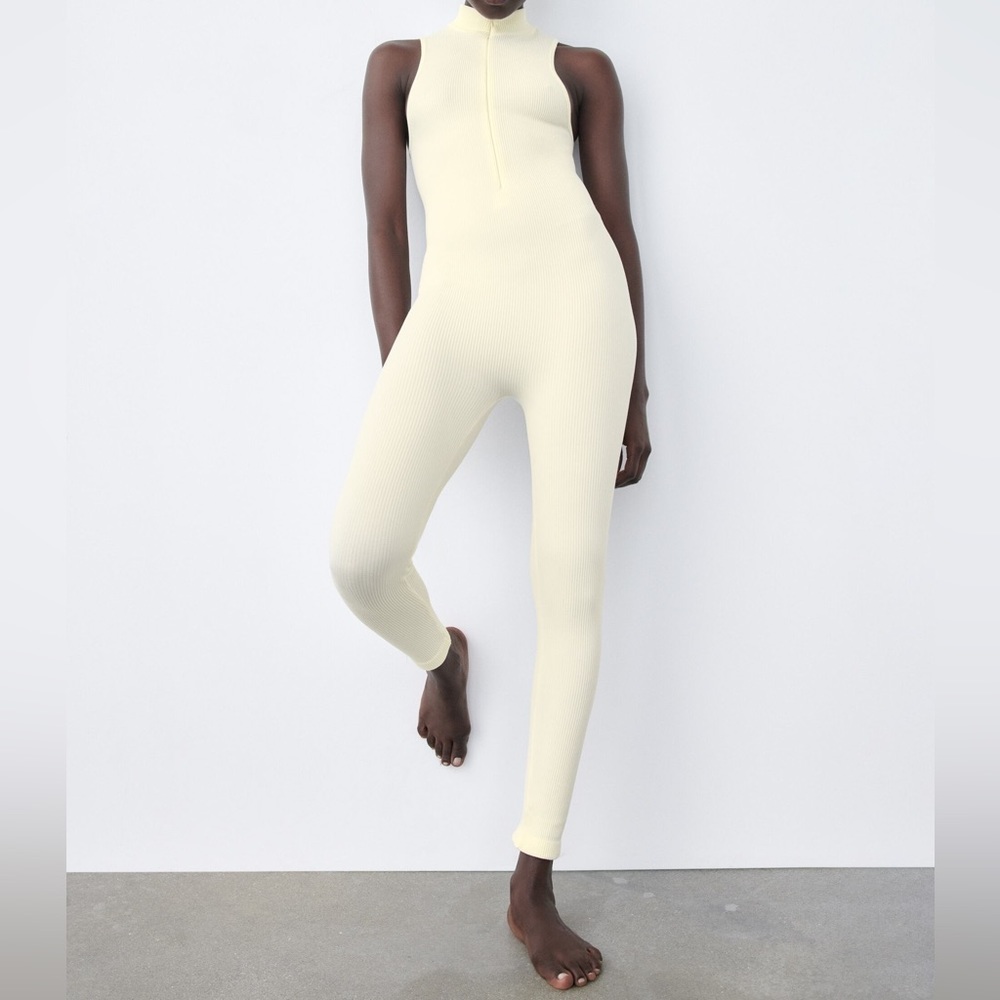 ZARA Ivory Ribbed Stretch Mock Neck Jumpsuit